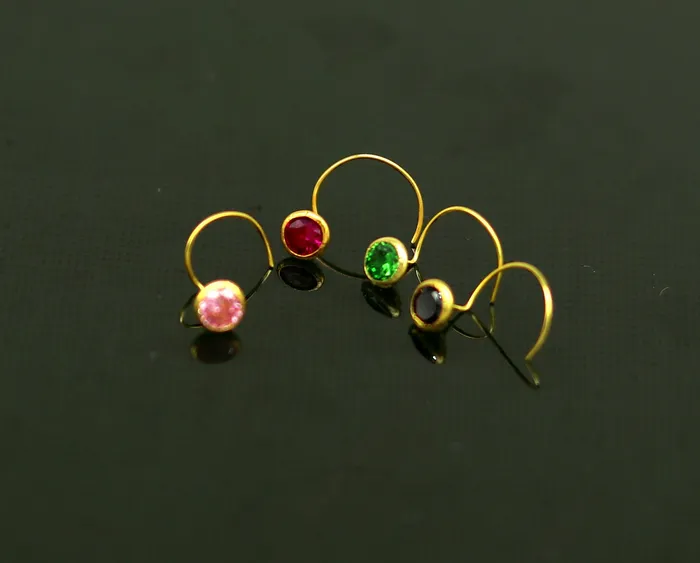 18kt yellow gold handmade CZ stone color nose pin with U band gorgeous color stone 4 mm tiny nose pin nose plug best gift for girls gnp35 TRIBAL ORNAMENTS Rings