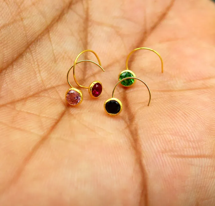 18kt yellow gold handmade CZ stone color nose pin with U band gorgeous color stone 4 mm tiny nose pin nose plug best gift for girls gnp35 TRIBAL ORNAMENTS Rings