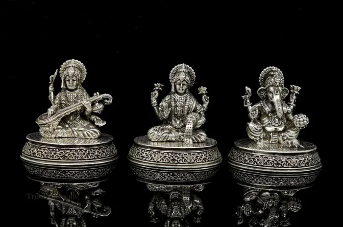 23 heights 925 Sterling silver handmade Hindu idols Laxmi Ganesha and Saraswati statue puja article figurine best Diwali puja art TRIBAL ORNAMENTS Rings