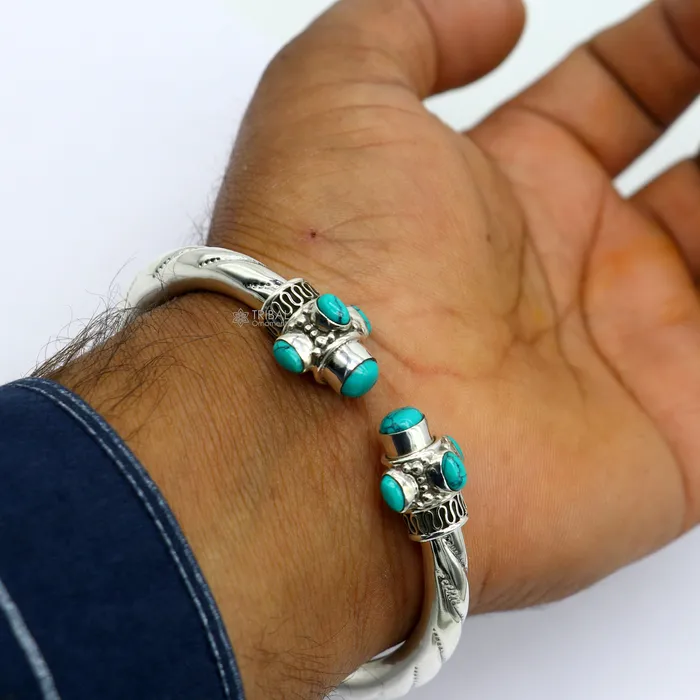 925 sterling silver handmade gorgeous turquoise stone antique design bangle bracelet kada fabulous wrist jewelry tribal jewelry nsk813 TRIBAL ORNAMENTS Bracelets