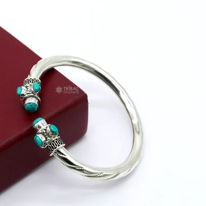 925 sterling silver handmade gorgeous turquoise stone antique design bangle bracelet kada fabulous wrist jewelry tribal jewelry nsk813 TRIBAL ORNAMENTS Bracelets