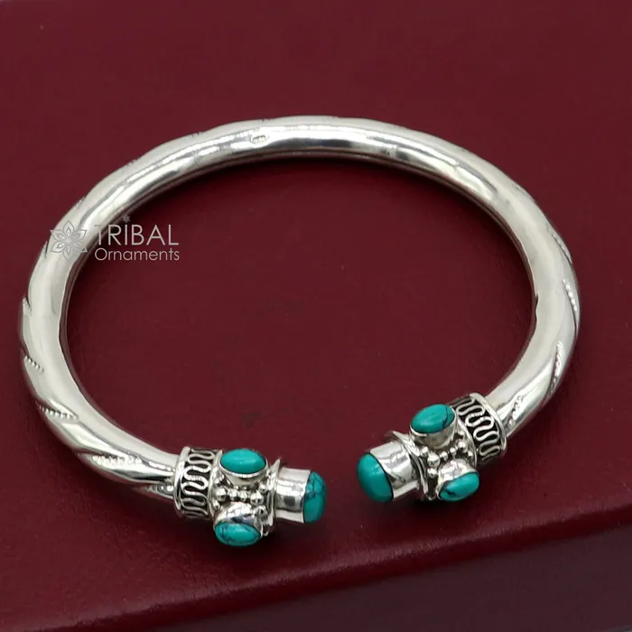 925 sterling silver handmade gorgeous turquoise stone antique design bangle bracelet kada fabulous wrist jewelry tribal jewelry nsk813 TRIBAL ORNAMENTS Bracelets