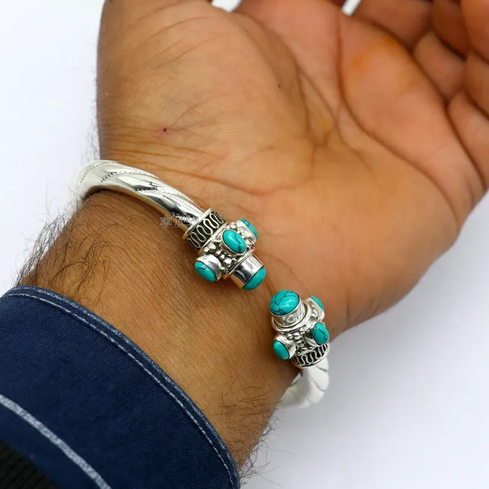 925 sterling silver handmade gorgeous turquoise stone antique design bangle bracelet kada fabulous wrist jewelry tribal jewelry nsk813 TRIBAL ORNAMENTS Bracelets