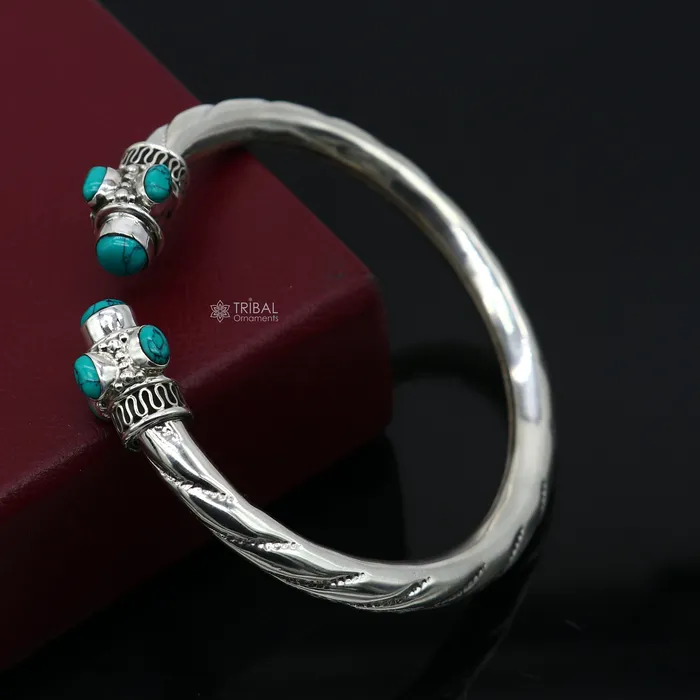 925 sterling silver handmade gorgeous turquoise stone antique design bangle bracelet kada fabulous wrist jewelry tribal jewelry nsk813 TRIBAL ORNAMENTS Bracelets
