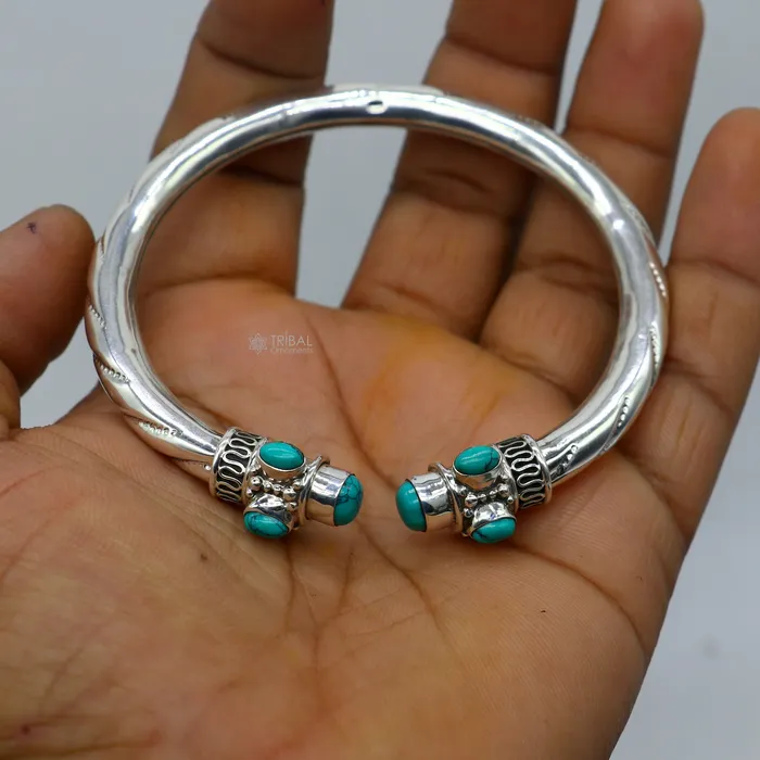 925 sterling silver handmade gorgeous turquoise stone antique design bangle bracelet kada fabulous wrist jewelry tribal jewelry nsk813 TRIBAL ORNAMENTS Bracelets