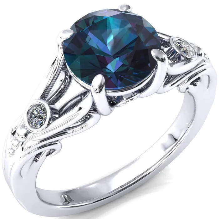 Aerolynn Round Alexandrite 4 Prong Diamond Accent Engagement Ring Fire Brilliance Rings