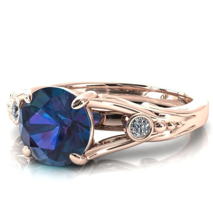 Aerolynn Round Alexandrite 4 Prong Diamond Accent Engagement Ring Fire Brilliance Rings