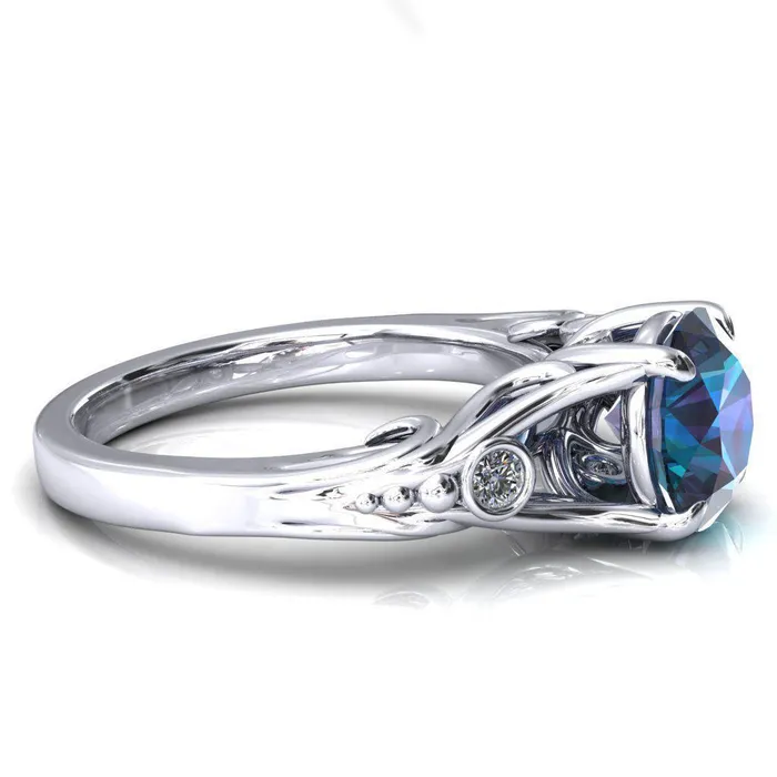 Aerolynn Round Alexandrite 4 Prong Diamond Accent Engagement Ring Fire Brilliance Rings