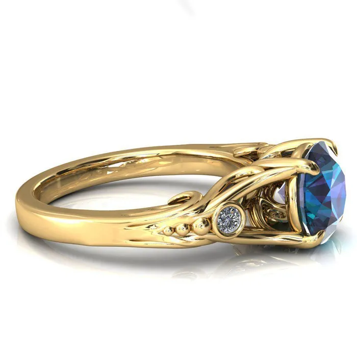 Aerolynn Round Alexandrite 4 Prong Diamond Accent Engagement Ring Fire Brilliance Rings