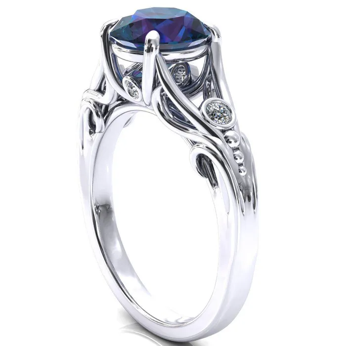 Aerolynn Round Alexandrite 4 Prong Diamond Accent Engagement Ring Fire Brilliance Rings