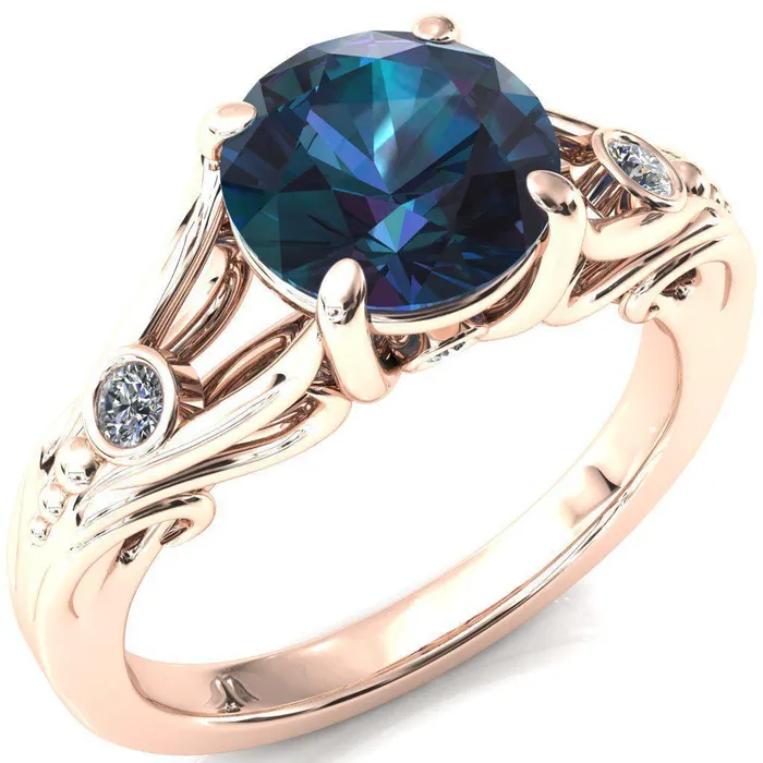 Aerolynn Round Alexandrite 4 Prong Diamond Accent Engagement Ring Fire Brilliance Rings