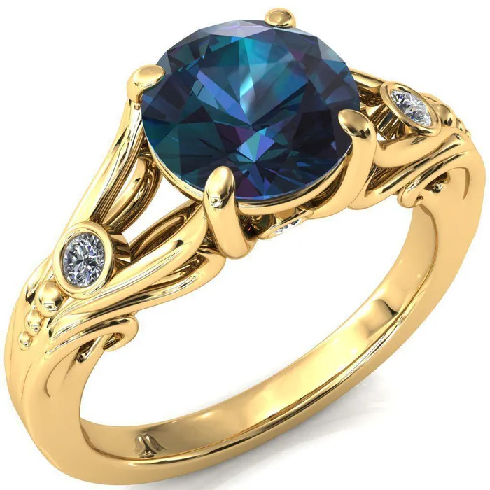 Aerolynn Round Alexandrite 4 Prong Diamond Accent Engagement Ring Fire Brilliance Rings
