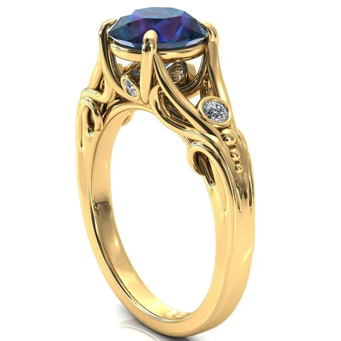 Aerolynn Round Alexandrite 4 Prong Diamond Accent Engagement Ring Fire Brilliance Rings