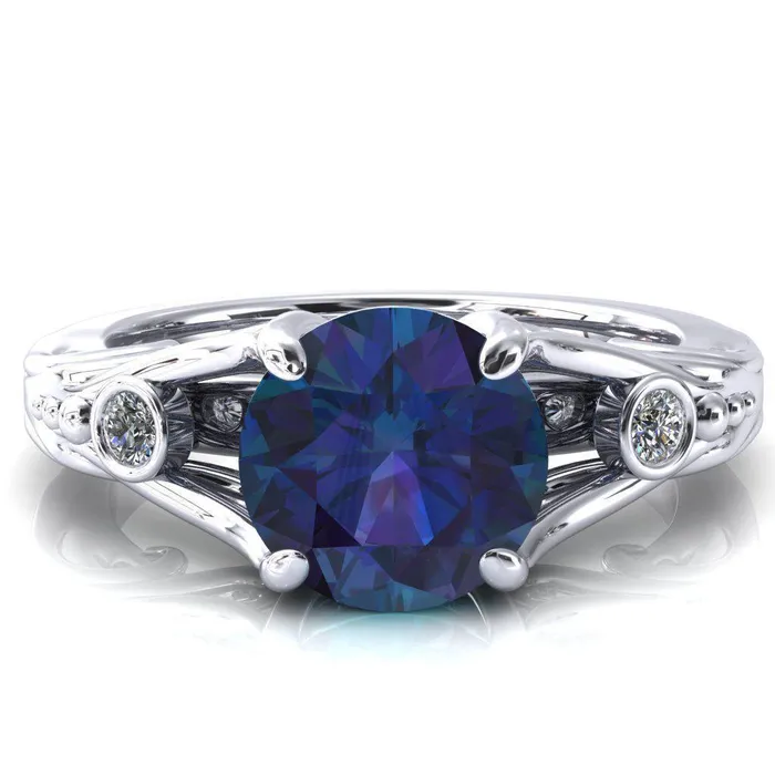 Aerolynn Round Alexandrite 4 Prong Diamond Accent Engagement Ring Fire Brilliance Rings