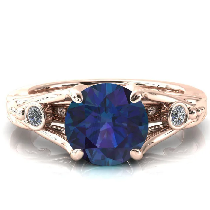 Aerolynn Round Alexandrite 4 Prong Diamond Accent Engagement Ring Fire Brilliance Rings