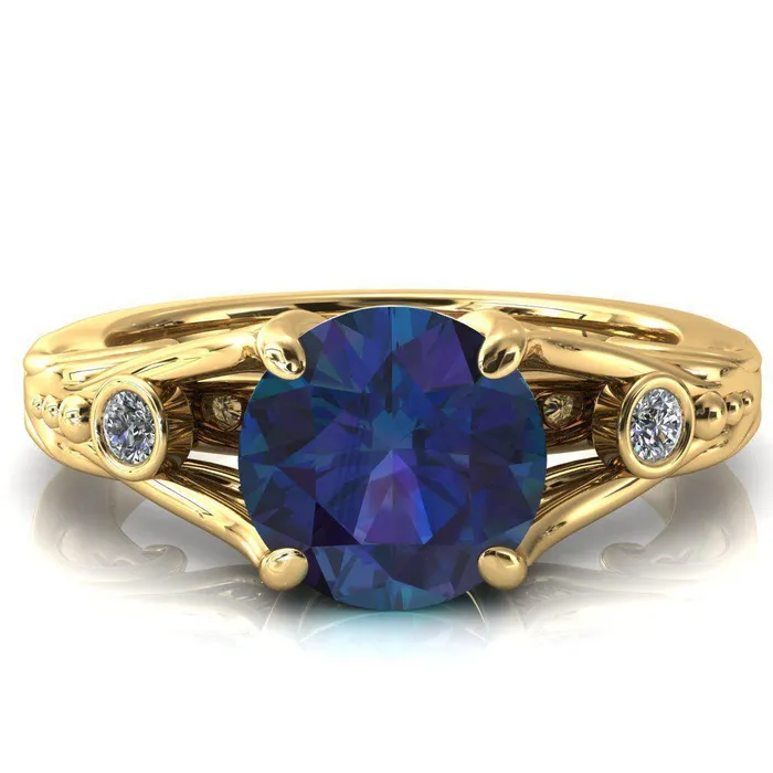 Aerolynn Round Alexandrite 4 Prong Diamond Accent Engagement Ring Fire Brilliance Rings