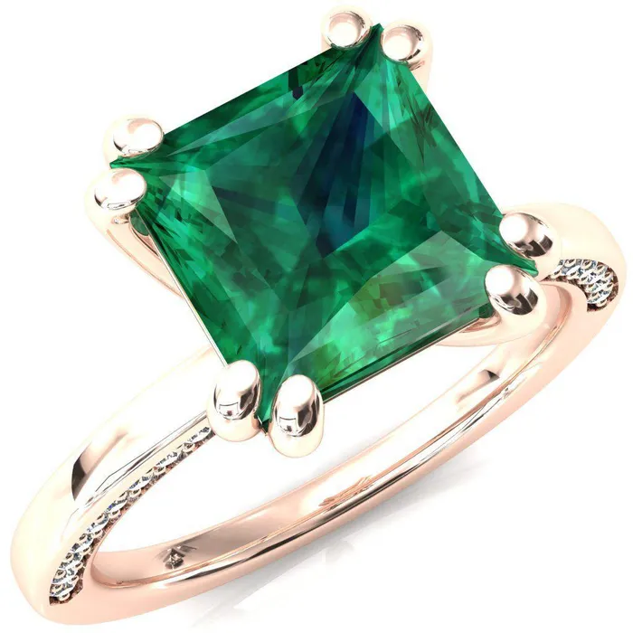 Ain Princess Emerald 4 Double Prong Single Rail Diamond Accent Engagement Ring Fire Brilliance Rings