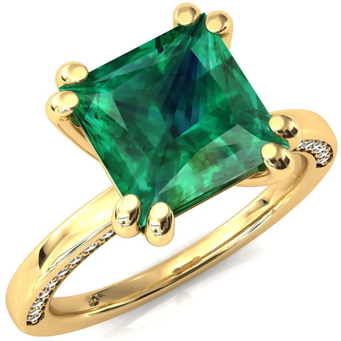 Ain Princess Emerald 4 Double Prong Single Rail Diamond Accent Engagement Ring Fire Brilliance Rings