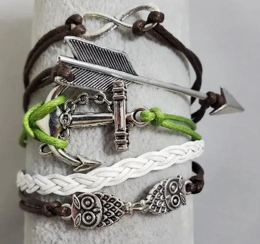 alice Bracelets AZ1088 Brown Green White Arrow Owl Anchor Infinity Layer Leather Bracelet alice Bracelets AZ1088 Brown Green White Arrow Owl Anchor Infinity Layer Leather Bracelet