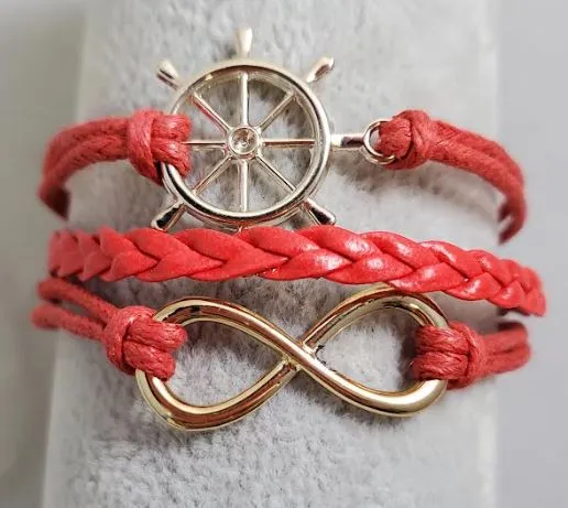 alice Bracelets AZ1351 Red Ship Wheel Infinity Layer Leather Bracelet