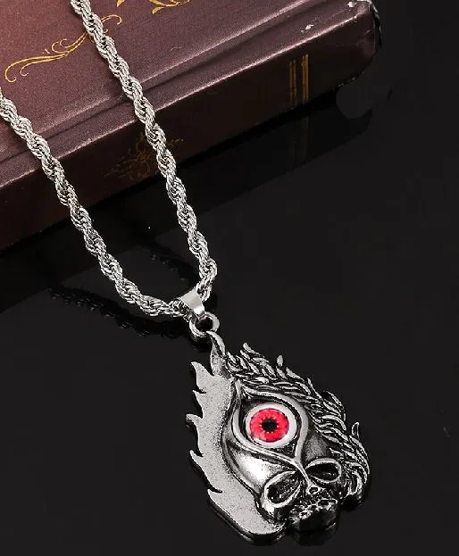 alice Necklaces N435 Silver Skull Flames Red Eye Necklace