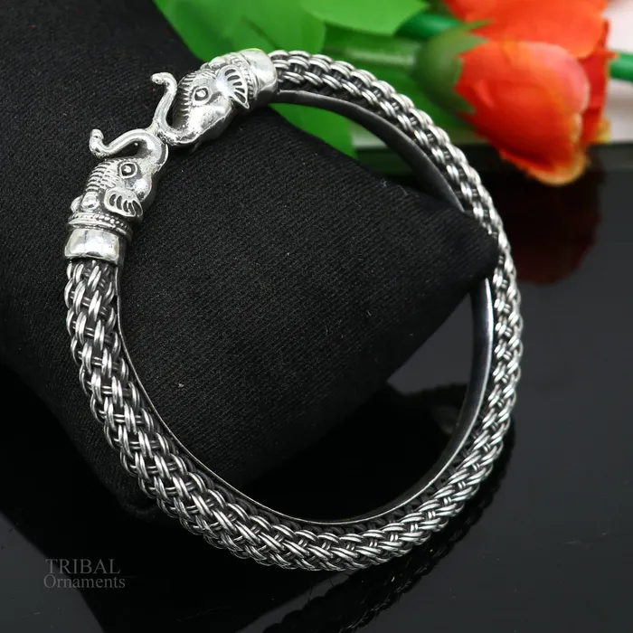 All size 925 sterling silver handmade vintage design stylish elephant face bangle bracelet kadaamazing jewelry from india nsk434 TRIBAL ORNAMENTS Bracelets
