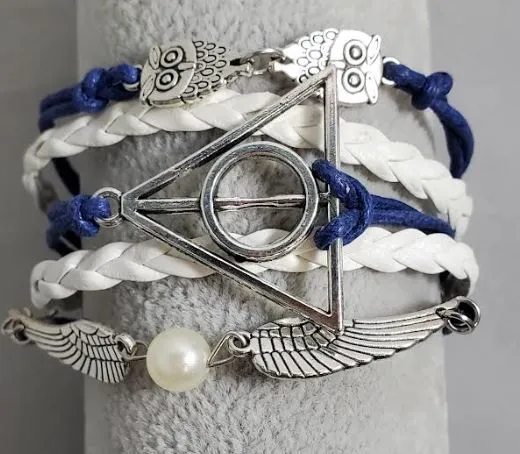 AZ1297 Blue White Owl Wing Deathly Hallows Infinity Layer Leather Bracelet alice Bracelets AZ1297 Blue White Owl Wing Deathly Hallows Infinity Layer Leather Bracelet alice Bracelets