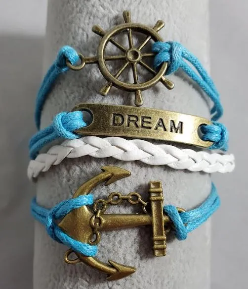 AZ1518 Turquoise Blue White Dream Ship Wheel Anchor Infinity Layer Leather Bracelet alice Bracelets