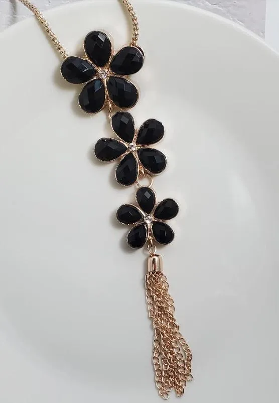 AZ704 Rose Gold Black Gemstone Triple Flower Tassel Necklace with FREE EARRINGS polly Necklaces AZ704 Rose Gold Black Gemstone Triple Flower Tassel Necklace with FREE EARRINGS polly Necklaces