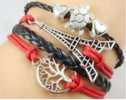 B192 Red Black Eiffel Tower Tree of Life Leather Layer Bracelet POLLY Bracelets