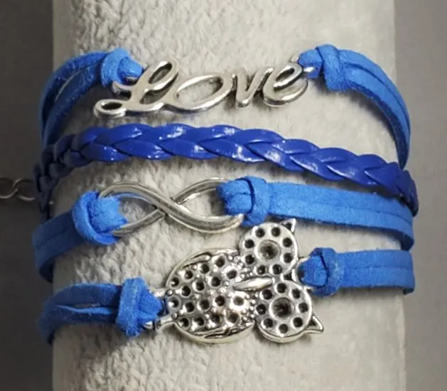 B508 Blue Owl Love Infinity Leather Layer Bracelet alice Bracelets