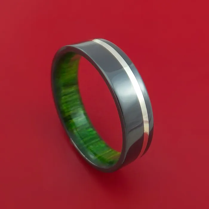 Black Zirconium Ring with Palladium Silver Inlay and Interior Hardwood Sleeve Custom Made Band Lashbrook Rings Black Zirconium Ring with Palladium Silver Inlay and Interior Hardwood Sleeve Custom Made Band Lashbrook Rings