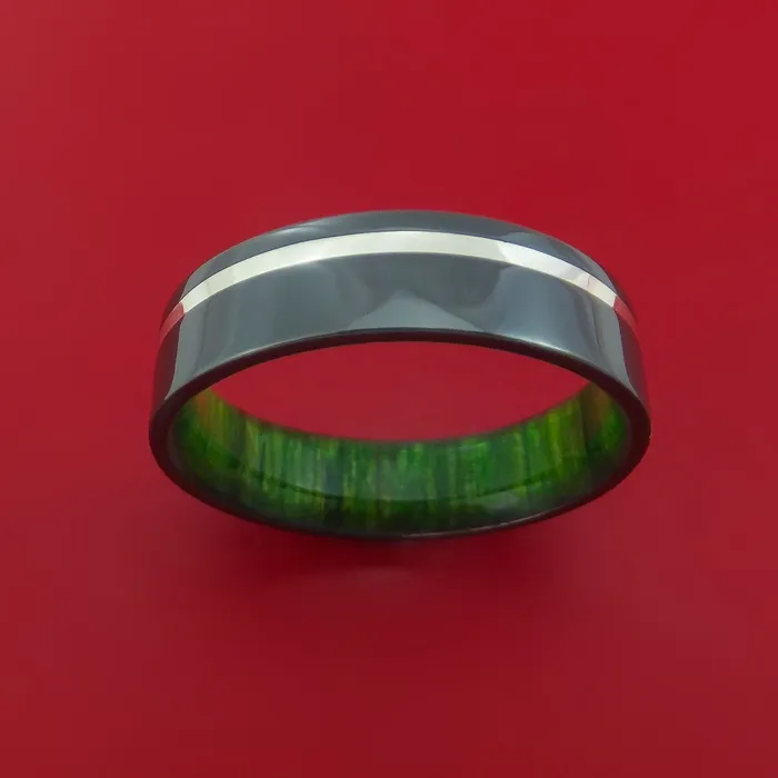 Black Zirconium Ring with Palladium Silver Inlay and Interior Hardwood Sleeve Custom Made Band Lashbrook Rings