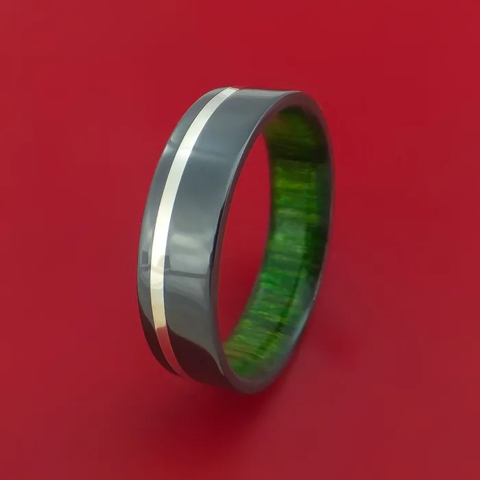 Black Zirconium Ring with Palladium Silver Inlay and Interior Hardwood Sleeve Custom Made Band Lashbrook Rings