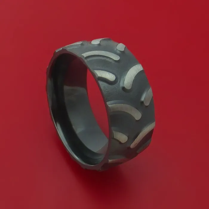 Black Zirconium Ring with Tractor Tire Tread Pattern Inlay Custom Made Band Lashbrook Rings Black Zirconium Ring with Tractor Tire Tread Pattern Inlay Custom Made Band Lashbrook Rings