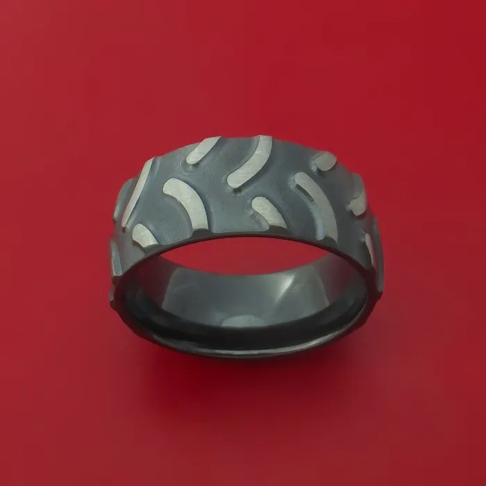 Black Zirconium Ring with Tractor Tire Tread Pattern Inlay Custom Made Band Lashbrook Rings Black Zirconium Ring with Tractor Tire Tread Pattern Inlay Custom Made Band Lashbrook Rings
