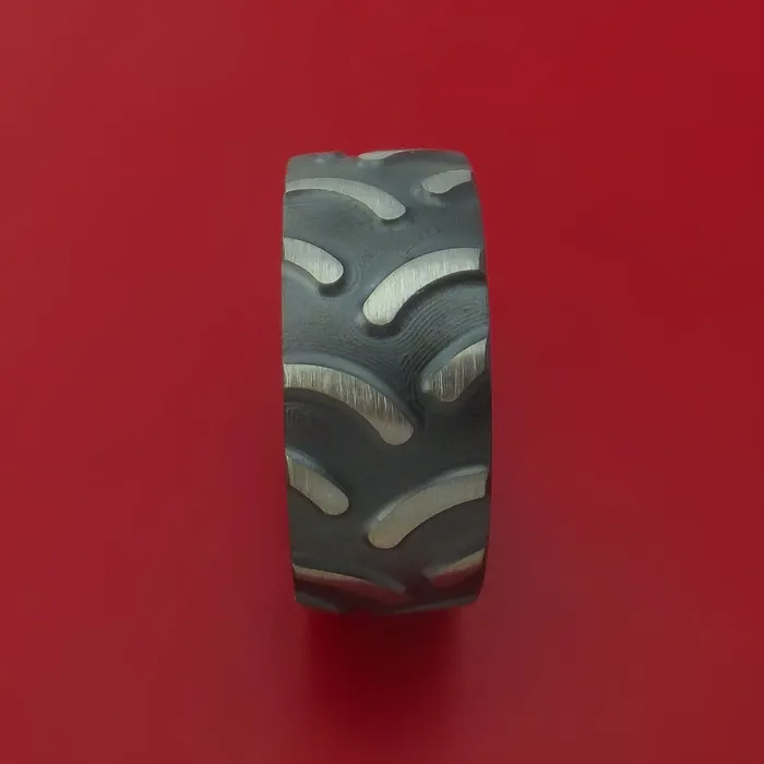 Black Zirconium Ring with Tractor Tire Tread Pattern Inlay Custom Made Band Lashbrook Rings Black Zirconium Ring with Tractor Tire Tread Pattern Inlay Custom Made Band Lashbrook Rings