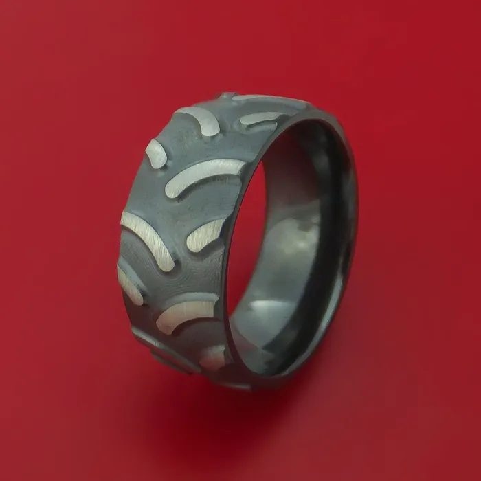 Black Zirconium Ring with Tractor Tire Tread Pattern Inlay Custom Made Band Lashbrook Rings Black Zirconium Ring with Tractor Tire Tread Pattern Inlay Custom Made Band Lashbrook Rings