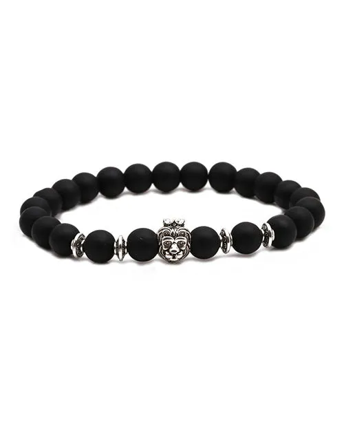 Bracelets 02 B814 Black Smooth Bead Lion with Crown Bracelet