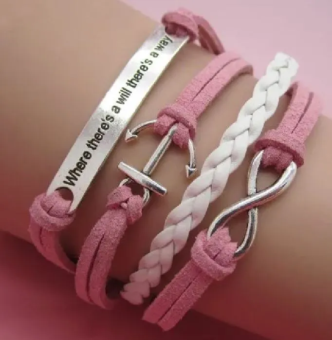Bracelets alice AZ152 Pink Anchor Where Theres a Will Theres a Way Infinity Leather Layer Bracelet Bracelets alice AZ152 Pink Anchor Where Theres a Will Theres a Way Infinity Leather Layer Bracelet