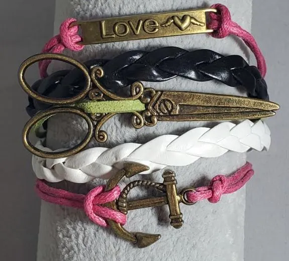 Bracelets alice AZ286 Pink Love Scissor Anchor Leather Layer Bracelet