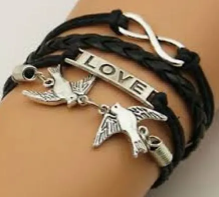 Bracelets AZ460 Black Love Dove Infinity Leather Layer Bracelet alice