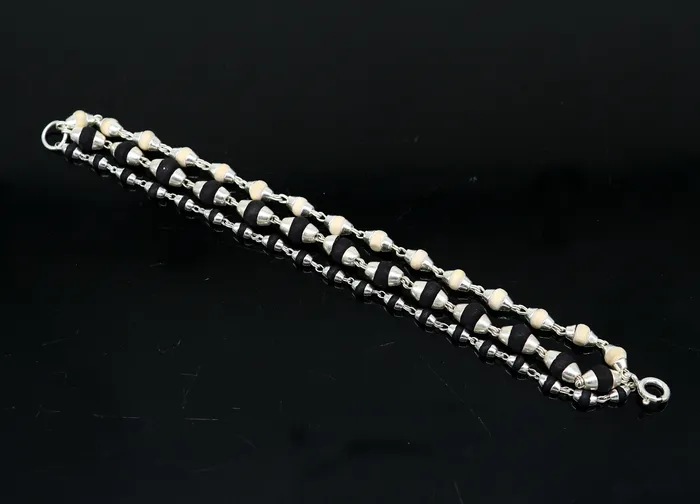 Bracelets Black and white holy basil rosary plant tulsi plant wood beaded Sterling silver handmade fabulous 3 line bracelet jewelry India sbr264 TRIBAL ORNAMENTS Bracelets Black and white holy basil rosary plant tulsi plant wood beaded Sterling silver handmade fabulous 3 line bracelet jewelry India sbr264 TRIBAL ORNAMENTS
