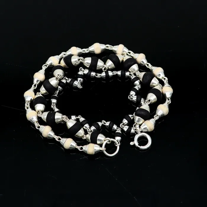Bracelets Black and white holy basil rosary plant tulsi plant wood beaded Sterling silver handmade fabulous 3 line bracelet jewelry India sbr264 TRIBAL ORNAMENTS