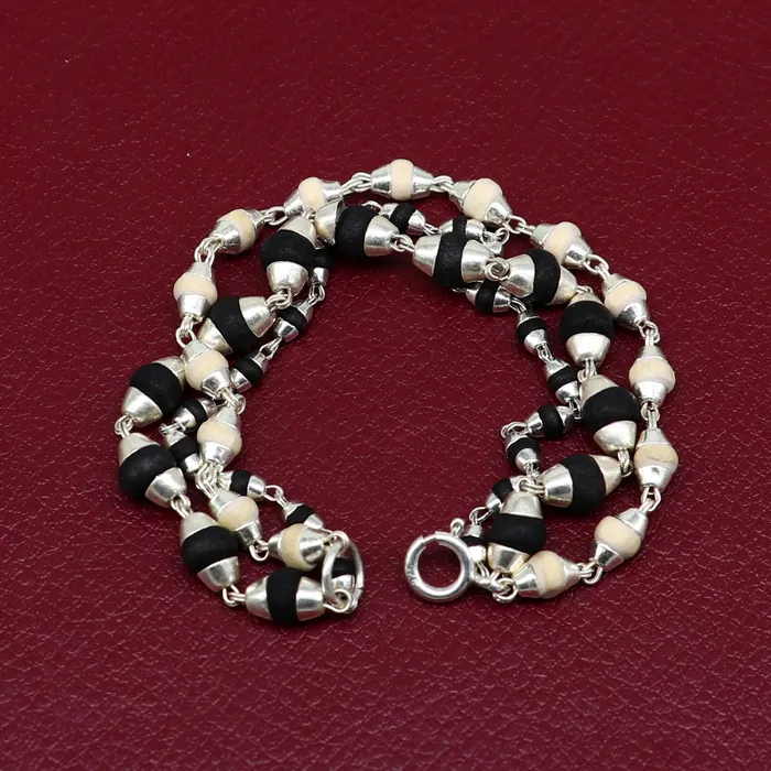 Bracelets Black and white holy basil rosary plant tulsi plant wood beaded Sterling silver handmade fabulous 3 line bracelet jewelry India sbr264 TRIBAL ORNAMENTS