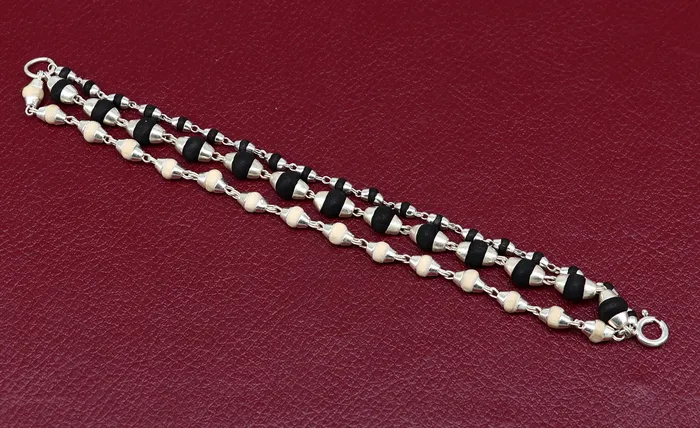 Bracelets Black and white holy basil rosary plant tulsi plant wood beaded Sterling silver handmade fabulous 3 line bracelet jewelry India sbr264 TRIBAL ORNAMENTS