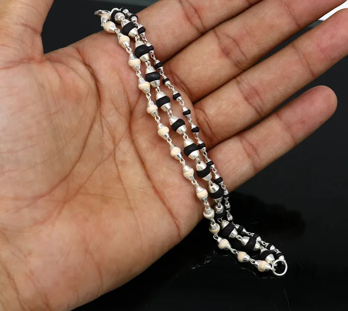 Bracelets Black and white holy basil rosary plant tulsi plant wood beaded Sterling silver handmade fabulous 3 line bracelet jewelry India sbr264 TRIBAL ORNAMENTS