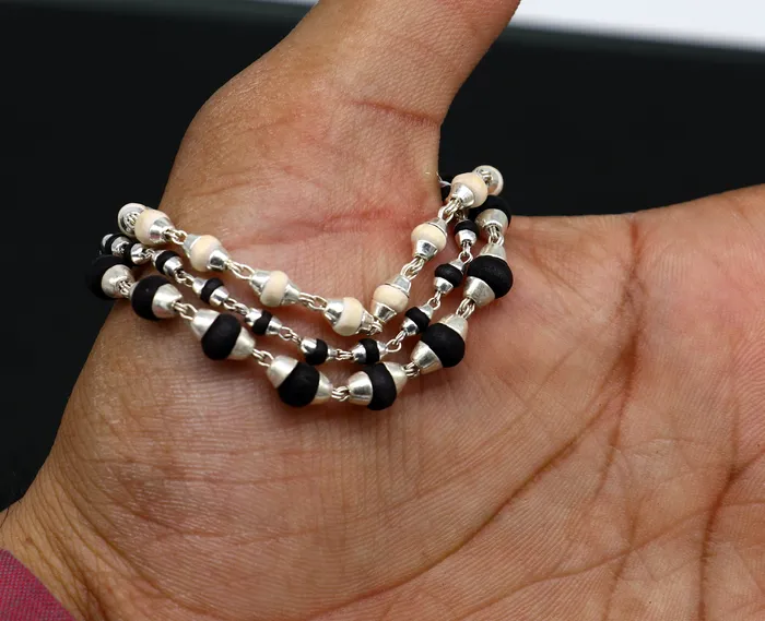 Bracelets Black and white holy basil rosary plant tulsi plant wood beaded Sterling silver handmade fabulous 3 line bracelet jewelry India sbr264 TRIBAL ORNAMENTS