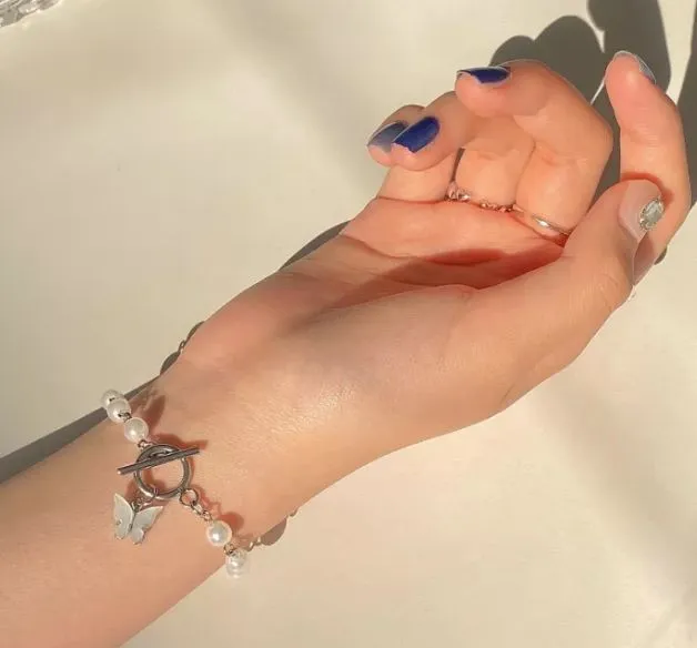 Bracelets POLLY B424 Silver Pearl Light Blue Butterfly Bracelet