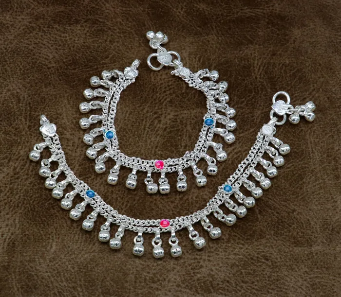 Bracelets TRIBAL ORNAMENTS 6 inches Sterling silver handmade double chain jingling ankle bracelet baby anklet high noisy sound bells charm foot anklets jewelry ank304 Bracelets TRIBAL ORNAMENTS 6 inches Sterling silver handmade double chain jingling ankle bracelet baby anklet high noisy sound bells charm foot anklets jewelry ank304